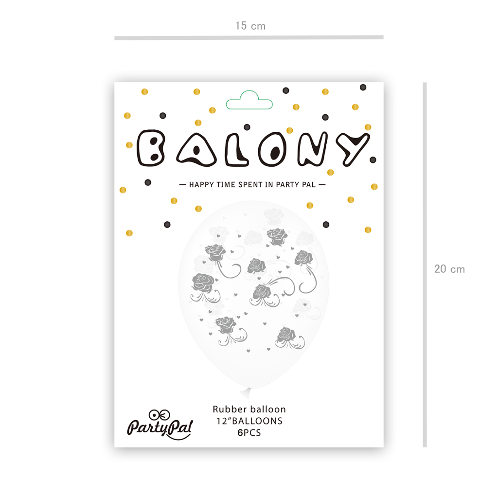 Balon biały w różyczki 12 cali 6 szt - Party Pal